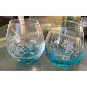 Stemless Wine Glass Pair Sea Turtle & Sea Horse Design Set of 2
